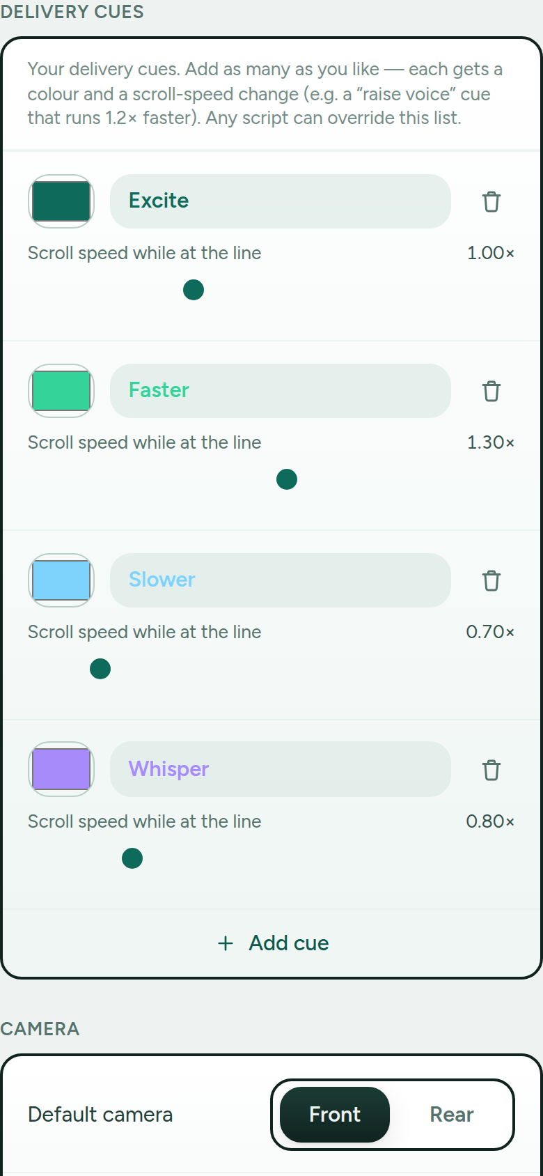 The delivery-cues editor with colours and speed sliders