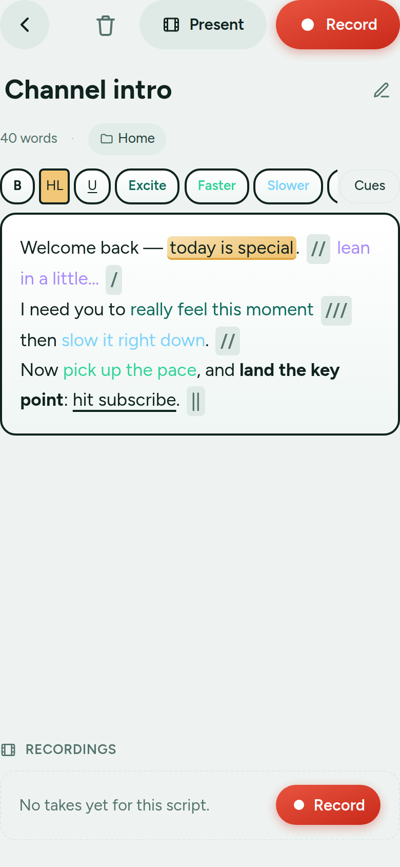 The script editor showing highlights, coloured cues and pause marks