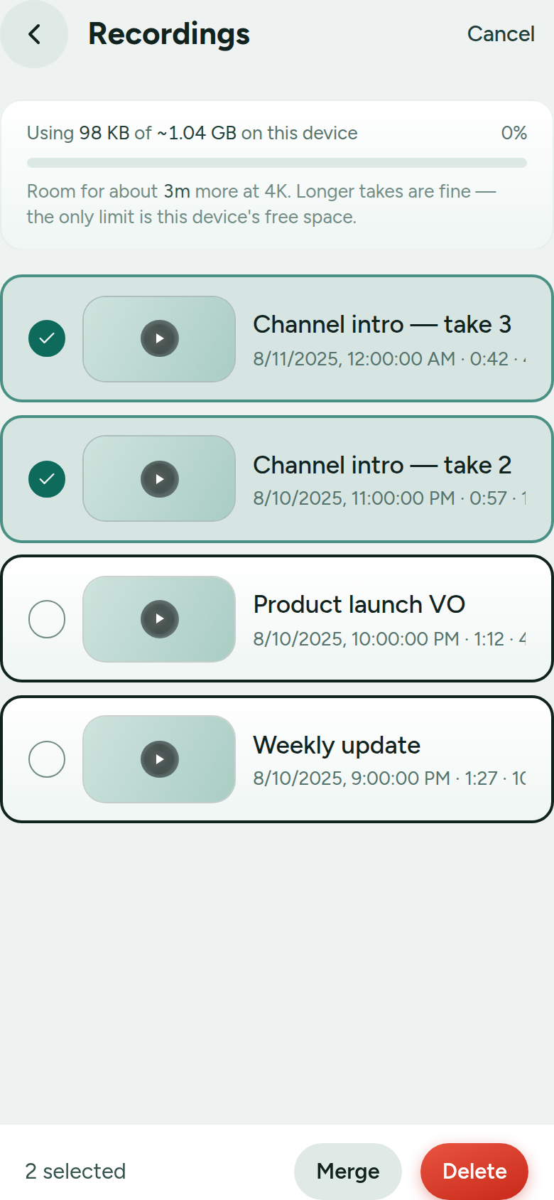 The recordings list in multi-select mode with merge and delete